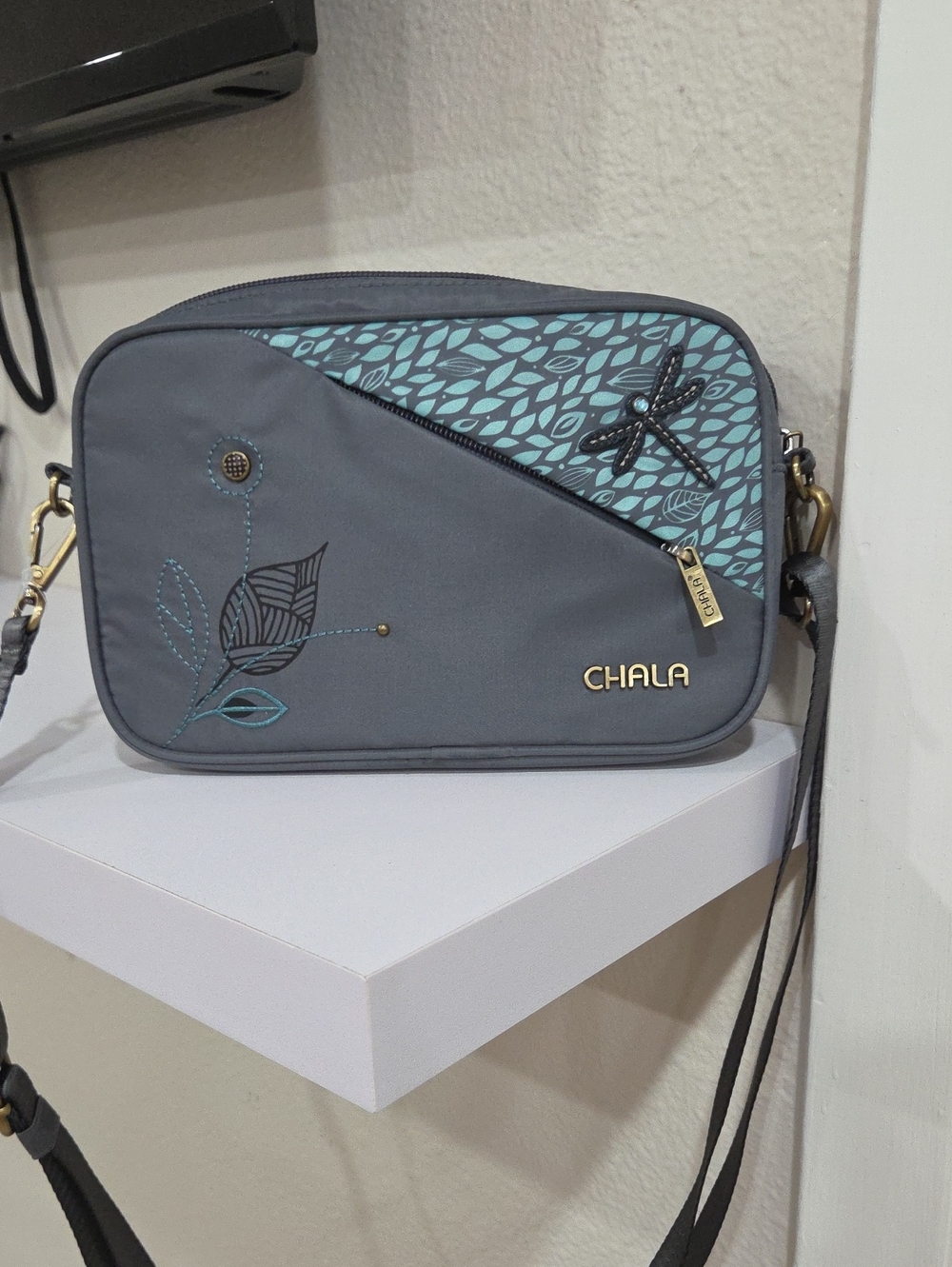 Chala Venture Gray & Teal Leaf Accent Crossbody Bag With Dragonfly